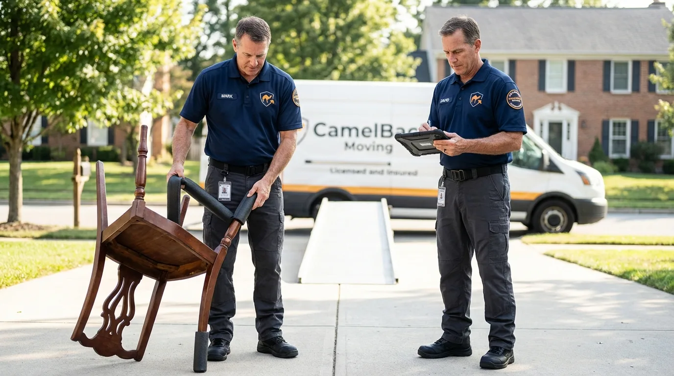 Movers inspecting furniture for damage prevention before loading in Wickliffe, OH